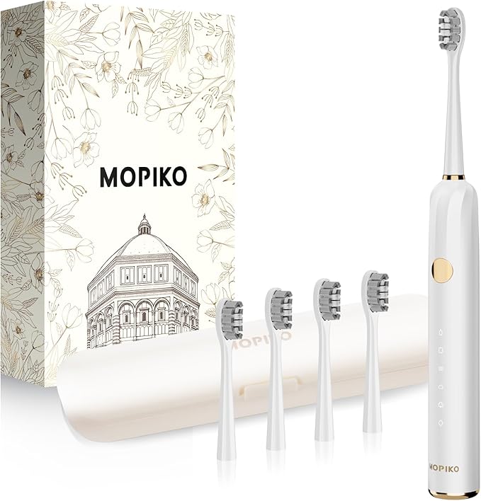Sonic Electric Toothbrush for Adults - 6 Modes Rechargeable Electric Toothbrush with 4 Replace Brush Heads, Power Sonic Toothbrush with Travel Case, Ideal Gift for Men Women, White