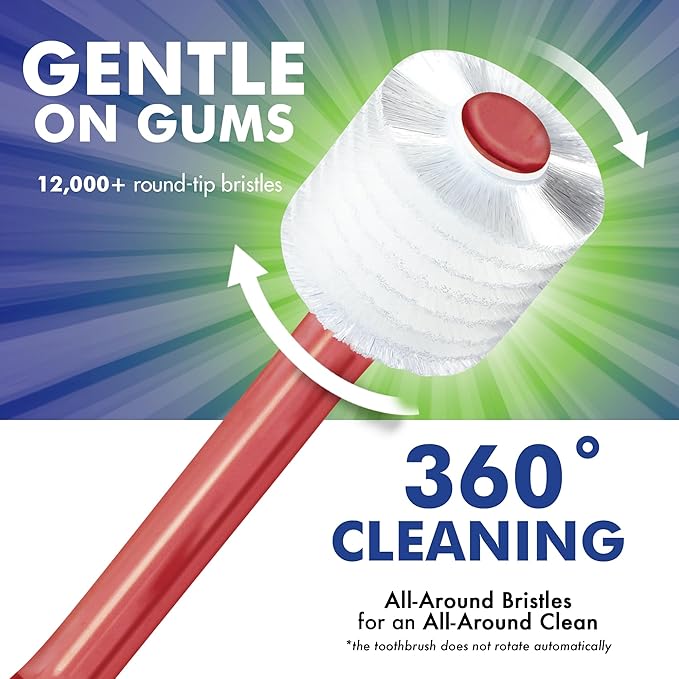 Brilliant Oral Care Adult Toothbrush with Soft Bristles, Round Head, and All-Around Clean for Teeth and Gums, Red, 3 Pack