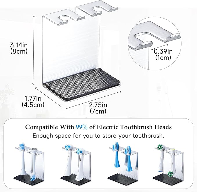 Toothbrush Head Holders Tabletop or Wall Mounted Electric Tooth Brush Heads Holder Stand with Removable Drip Pad, Tooth Brush Holder for Bathroom Shower, Electric Toothbrush Holders, Silver