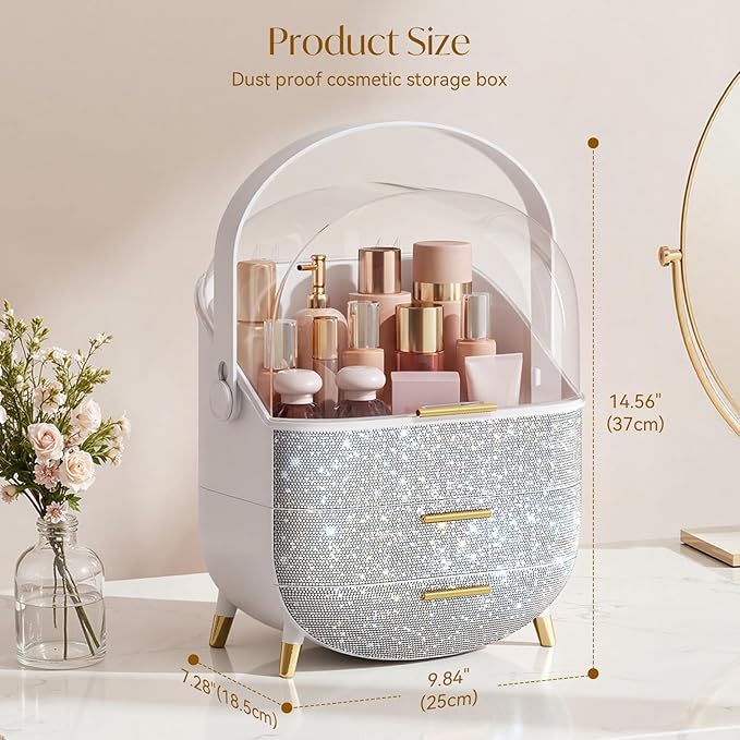 Bling Makeup Organizers, Cosmetic Display Case with Clear Cover, Vanity Makeup Organizers for Lipstick Perfume Lotion and Skincare, Silver Diamond