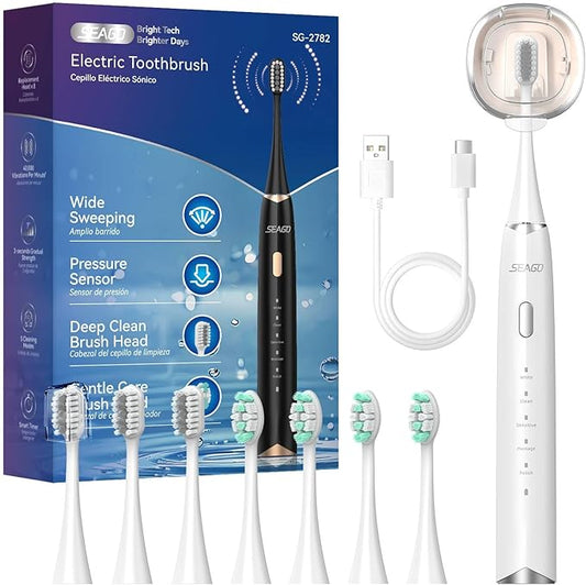 SEAGO Electric Toothbrush for Adults with Pressure Sensor, Sonic Toothbrushes Holder Wall Mounted, 30 Days Battery Life, 5 Cleaning Modes, 8 Replacement Heads, Timer & IPX7 Waterproof(White, Middle)