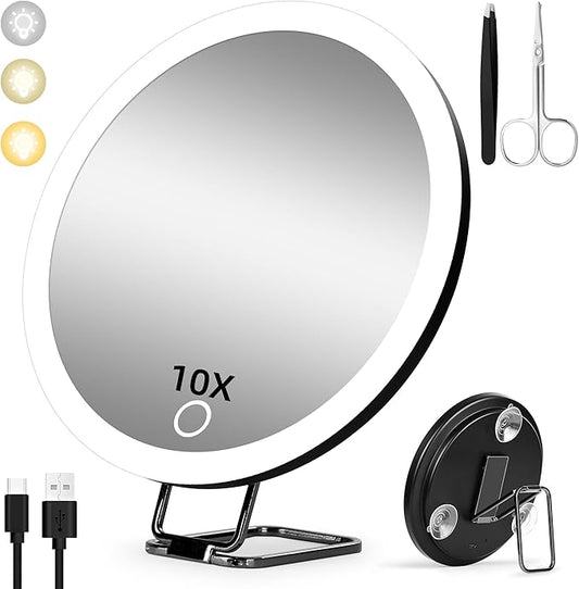 Rechargeable 6" Lighted 10x Magnifying Mirror with Suction Cups & Table Stand
