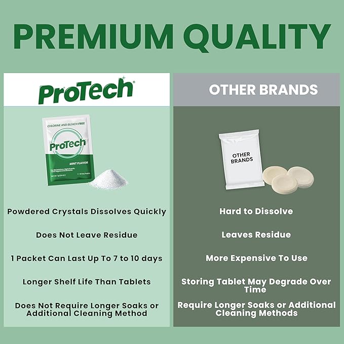 Protech Denture Cleaner 7g (3-Month Supply) Denture Cleanser Foils for Retainers, Nightguards, Mouthguards, and Dentures, Nicotine, Coffee and Iron Cleaning Foils, No Tablets, Long Lasting Packets