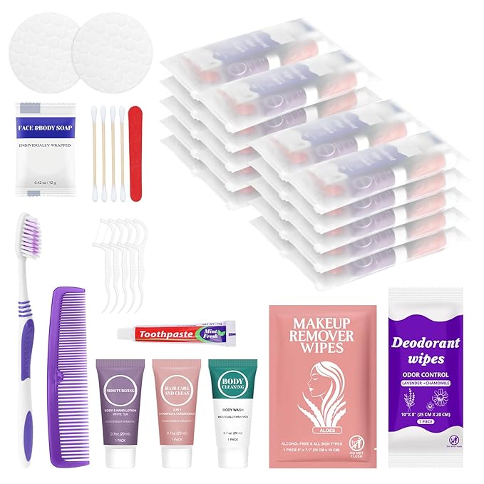 Travel Toiletries Personal Cleaning Bulk,Disposable Hygiene Kit Care Package Supplies, Women Toiletry Essentials Set Individually Wrapped for Camping, Hotel, Vacation, Homeless, Charity (11-in-1, 50)