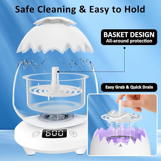 Ultrasonic Retainer Cleaner Machine for Denture, Dental Cleaning Pod with Digital Timer, 45kHz/180ML Waterproof Ultrasonic Denture Cleaners for Aligner, Mouth Guard, Braces, Ring Jewelry Cleaner