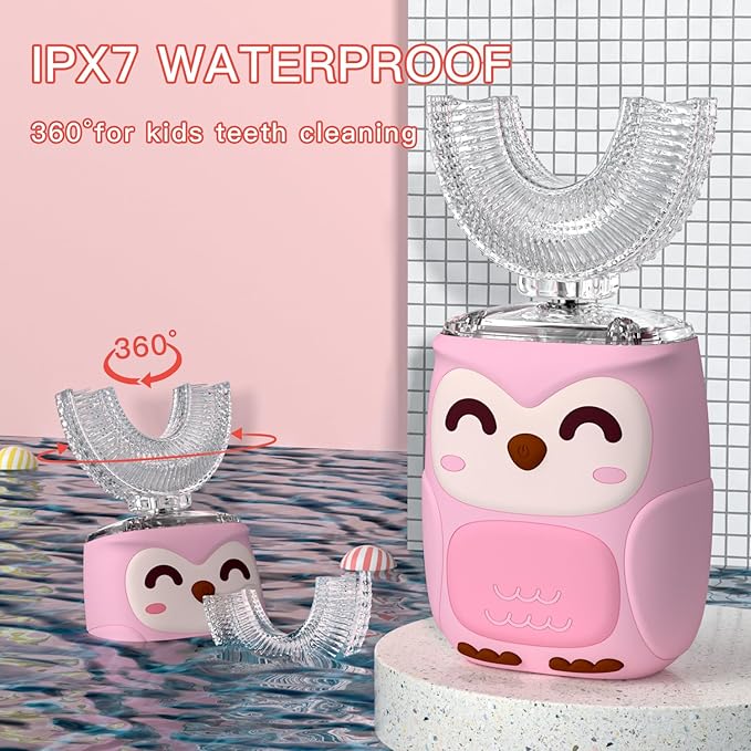 Kids Electric U Shaped Toothbrush Kids Sonic Toothbrush with 4 Soft Brush Head Automatic Full Mouth 6 Cleaning Mode-(Age8-15 Pink)