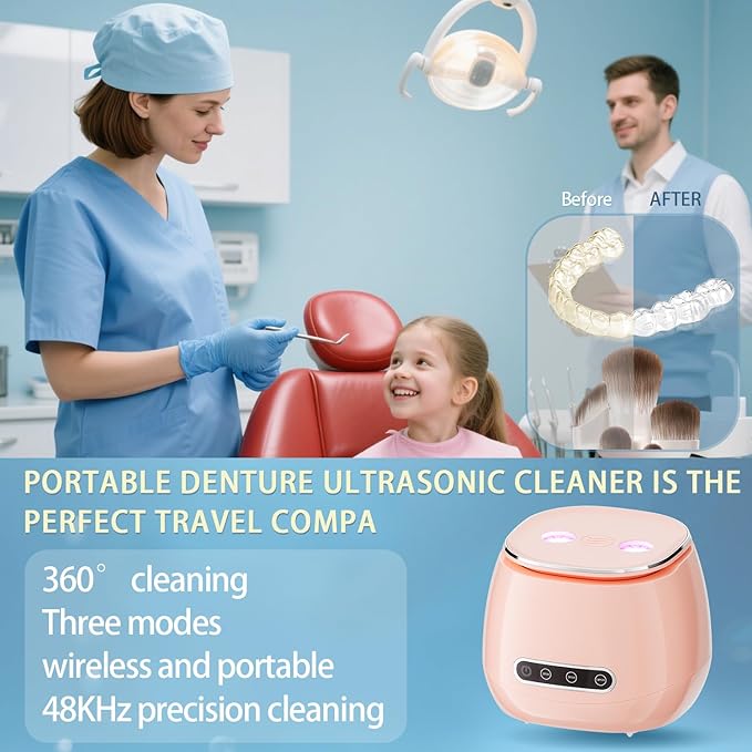 Ultrasonic Retainer Cleaner 48kHz Ultrasonic Cleaner Dental Ultrasonic Retainer Cleaner Machine Dental Cleaning Pod for Denture with Digital Timer, Dual Cleaning Mode for All Dental Appliances (Pink)