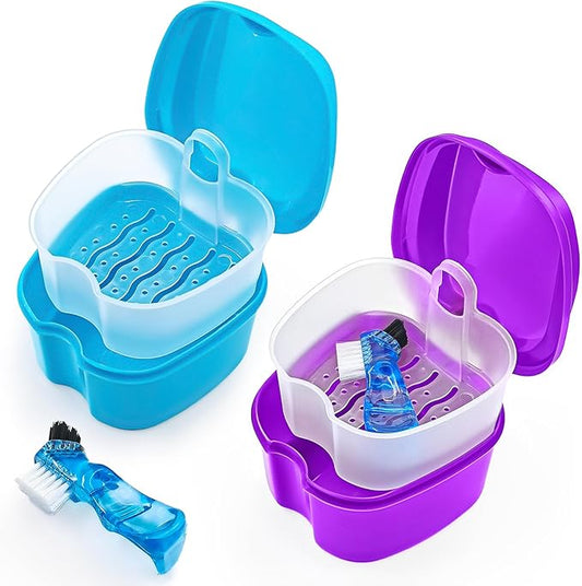 Keedolla Denture Bath Case with Brush, Strainer Basket & Lid – Waterproof, Portable, for Dentures & Mouthguards, 2-Pack, Purple & Blue
