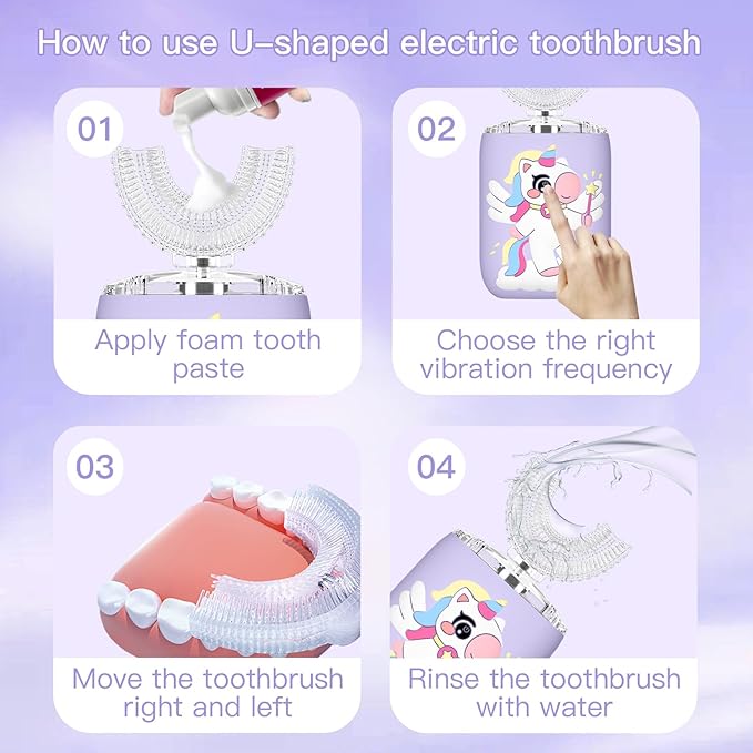 Kids Electric U Shaped Toothbrush Unicorn Rechargeable Sonic Toothbrush with 4 Soft Brush Heads with Kid Toothpaste IPX7 Waterproof - (Age 2-7, Purple)