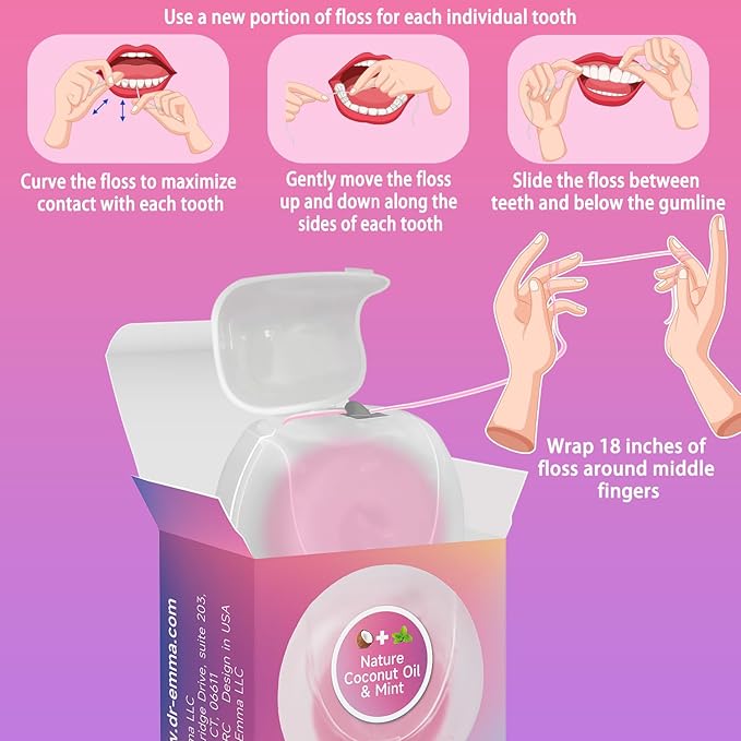 Dr. Emma Woven Dental Floss Coconut Oil Infused Expanding Dental Floss, Oral Care Stretchable Floss, Mint 33yd Pink, Pack of 2
