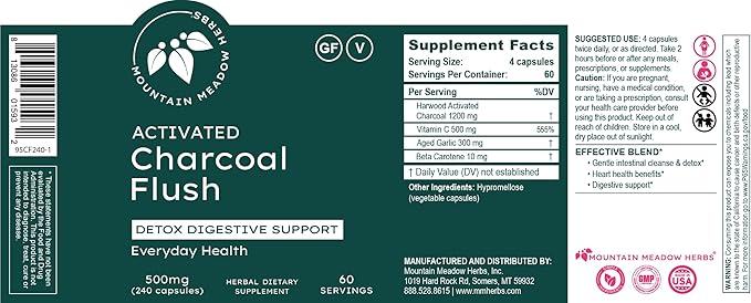 Mountain Meadow Herbs Activated Charcoal Flush – Natural Detox Cleanse Supplement for Digestion, Gas Relief, and Bloating Support – Activated Charcoal Capsules for Internal Cleansing 240ct