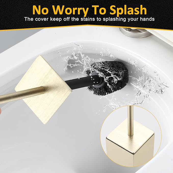 Toilet Brush and Holder Floor Standing, Brushed Gold with 2 Replaceable Heads, Bathroom Toilet Brush, Freestanding Toilet Bowl Brush with Removable Liner and Splash Guard, Modern Square Design