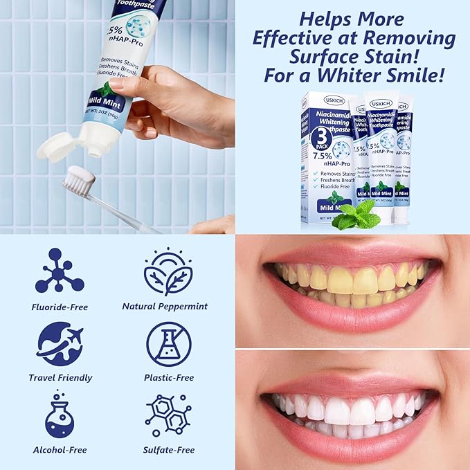 7.5% Nano-Hydroxyapatite Toothpaste,3 Pack Fresh Breath Whitening Toothpaste for Remineralizing Enamel & Sensitive Relief,Antiplaque,Natural Peppermint,Fluoride-Free