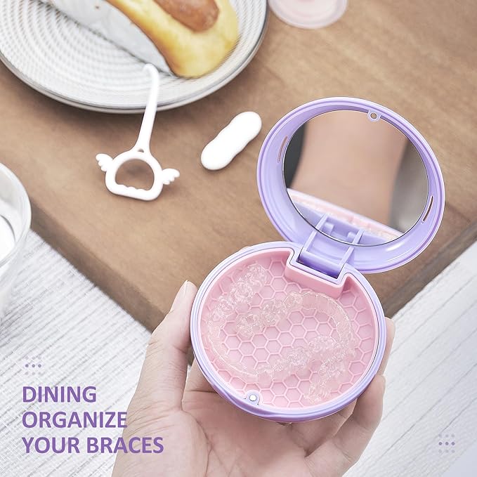 Retainer Case with Mirror and Lanyard,Slim Aligner Case with Vent Holes,Cute Dental Brace Box with Retainer Removal Tool and Brush (Purple Pink with Lanyard)