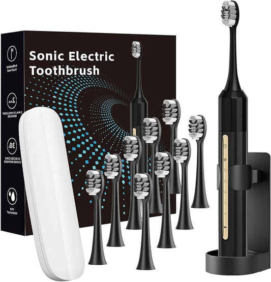 Lumivoid Sonic Electric Toothbrush with 10 Brush Heads for Adults and Children, Up to 30 Days on a Single Charge, 5 Modes, Built-in 2-Minute Smart Timer, IPX8 Waterproof Electric Toothbrush (Black)