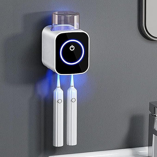 Wall Mounted Toothbrush Holder, 1 Cup Toothbrush Holders with Smart Drying and Cleaning, Toothbrush Cleaning Case with Solar Charging, Toothbrush Organizer with 2 Brush Slots (White - 1 Cup)
