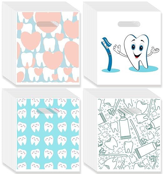 300 Pack Dental Bags, Tooth Patient Care Dental Bags, 9 x 8 Inches dental goodie bags, for Dental Clinics, Schools and Patient use (Mixed Styles – 4 Tooth Designs)