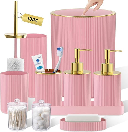 Light Pink Bathroom Accessories Set, 10PC Bathroom Set, Bath Accessory with Pop Up Trash Can, Soap Dispenser, Toilet Brush, Toothbrush Set Qtip Holders & Tray