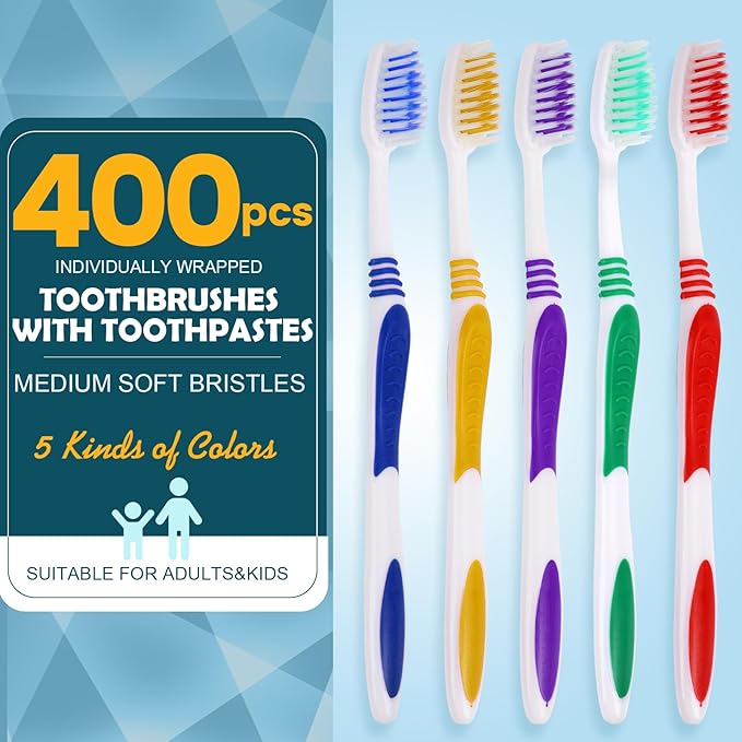 Navona 400 PCS Premium Individually Wrapped Bulk Toothbrush Pack, Disposable Toothbrushes, Kids Toothbrush, Medium Soft Bristle Toothbrushes, Ergonomics Handle, Perfect for Travel Hotel Donation