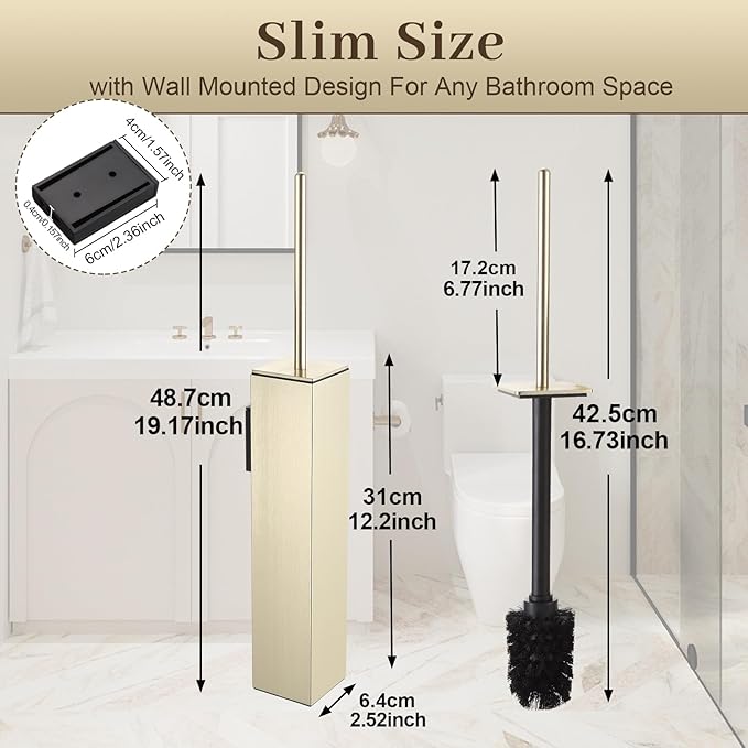 Toilet Brush and Holder Wall Mounted, Brushed Gold Aluminum with 2 Replaceable Heads, Bathroom Toilet Brush, Drill or 3M Adhesive Mount, Removable Liner and Splash Guard, Modern Square Design