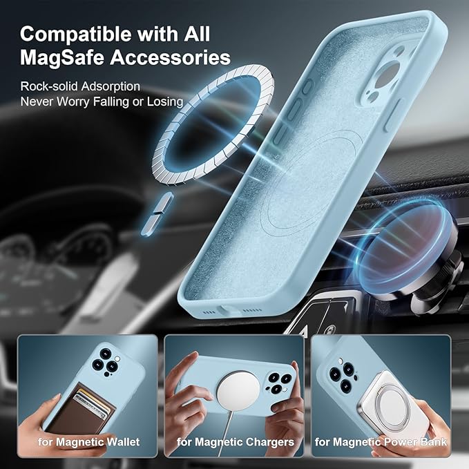Magnetic for iPhone 15 Pro Case, Compatible with MagSafe, with 9H Nano Screen Protectors, Full Camera Protection, Silicone Shockproof Microfiber Lining Phone Case 6.1", Sky Blue
