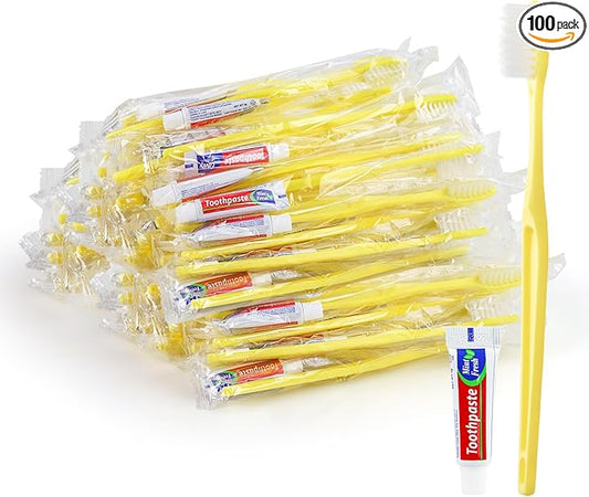 Yellow Disposable Toothbrushes with Toothpaste - Pack of 100,Individually Wrapped Single Use Travel Toothbrushes Kit Bulk for Homeless,Guests,Hotel,Dentist