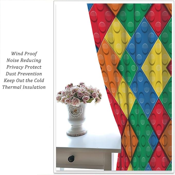 Kids Building Blocks Toy Curtains Boy Girl Room Printed Curtains Abstract Colorful Bricks Children's Nursery Blackout Curtains 63x63 Inches 2 Panels