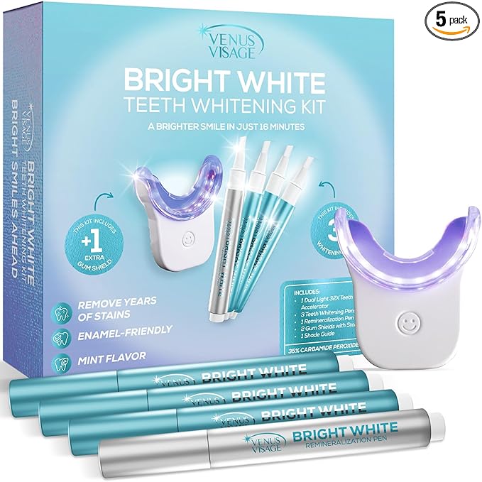 Venus Visage Teeth Whitening Kit with LED Light Device - Includes 3 Carbamide Peroxide Gel Pens, Teeth Whitening Trays & Remineralization Pens - 16 Min Non Sensitive