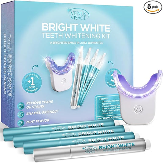 Venus Visage Teeth Whitening Kit with LED Light Device - Includes 3 Carbamide Peroxide Gel Pens, Teeth Whitening Trays & Remineralization Pens - 16 Min Non Sensitive