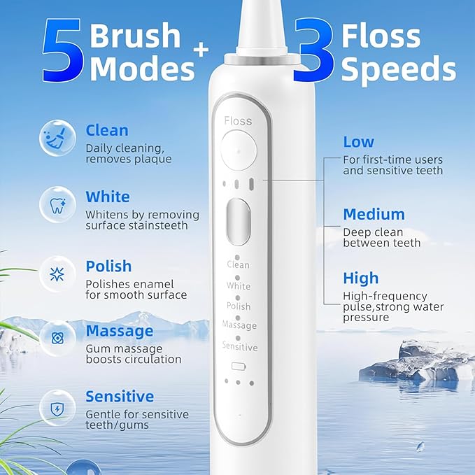 Professional Flossing Electric Toothbrush with Water Flosser, Water Flossers for Teeth 2 in 1 Toothbrush and Water Flosser Combo, Sonic Electric Toothbrush Cordless Flossing Brush (White)