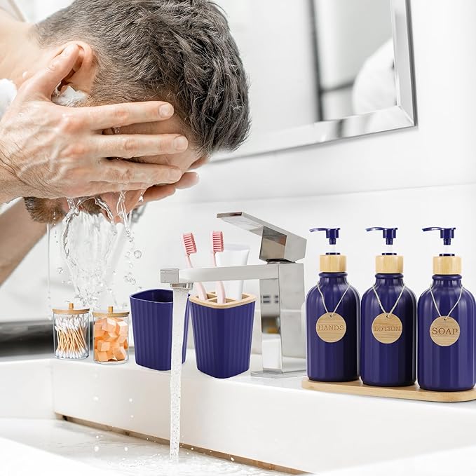Navy Blue Bathroom Accessories Set 17PCS Bathroom Set with Trash Can 3PCS Lotion Soap Dispenser, Toothbrush Holder,6PCS Wood Tags Bath Accessories with Tray for Kitchen Bathroom