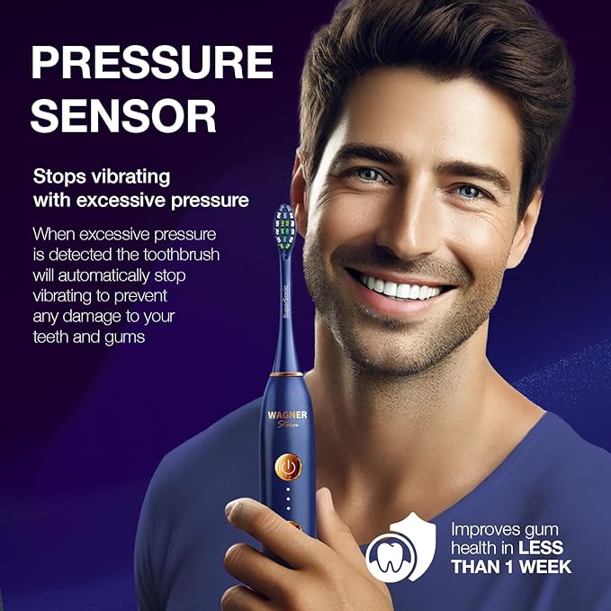 Wagner Stern WT8900 Series Electric Toothbrush – Whitening & Pressure Sensor, 5 Modes, 3 Intensities, 8 Soft Brush Heads, Rechargeable, Travel Case Included