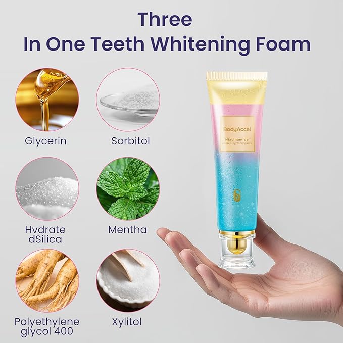 2 Pack BodyAccel Niacinamide Whitening Toothpaste, Triple Whitening Niacinamide Toothpaste, Brightens and Whitens Teeth, Natural Gentle, Fresh Breath