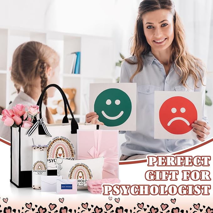 Geiserailie 8 Pcs Christmas Psychology Gifts for Women Including Large Tote Bag Cosmetic Bags Tumbler Cup Plush Socks Metal Keychain Card and Envelope for Christmas School Psychologist Thank You Gifts