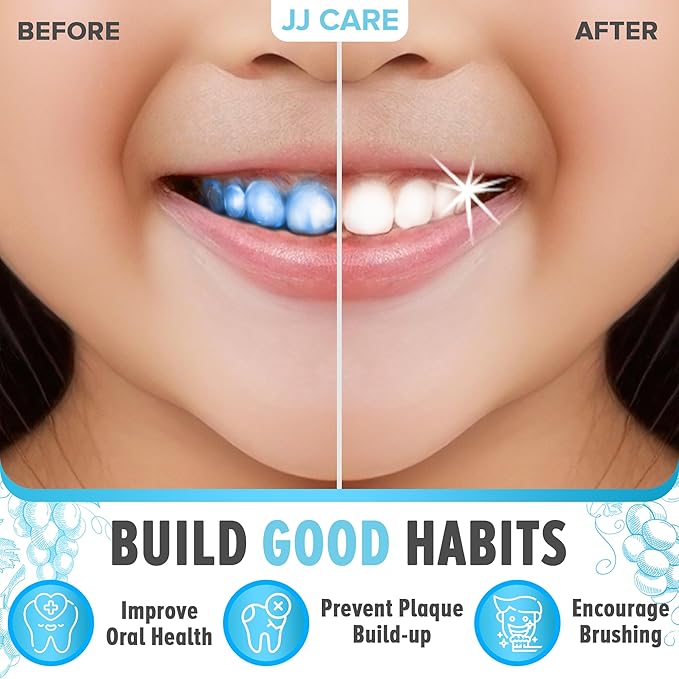 JJ Care Disclosing Tablets for Teeth- 102 Count, Individually Wrapped Plaque Disclosing Tablets for Kids Brushing Teeth, Grape Flavored Plaque Remover, Dental Care for Brushing