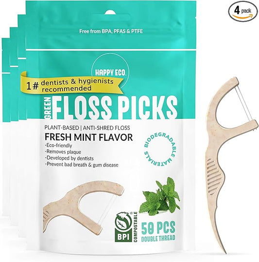 Floss Picks Biodegradable (200pcs) - Plant Based Dental Floss Picks, Natural Flossers for Adults & Kids, Nontoxic Vegan Tooth Pick Flossers & Eco Floss Sticks - Double Thread Mint