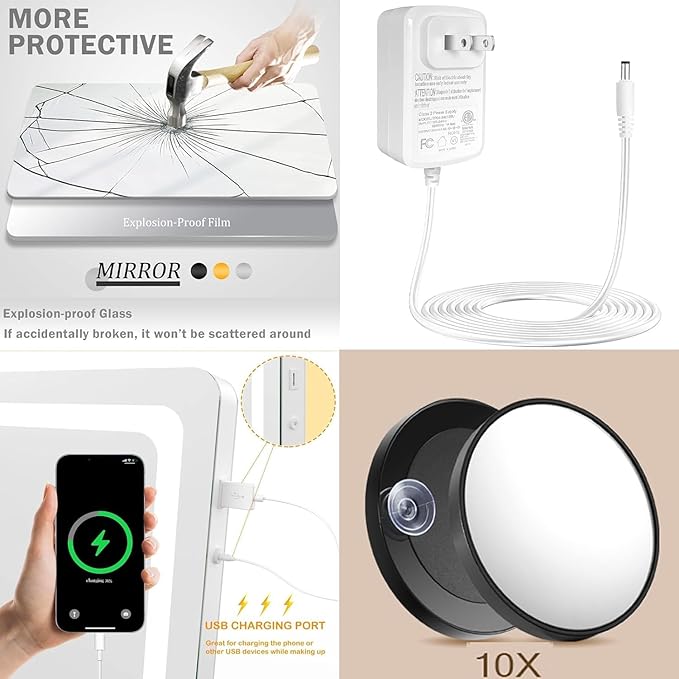 Makeup Vanity Mirror with USB Charging Port 24" x 19" Large LED Makeup Mirror, Desk Mirorr with Lights, Light up Mirror with 10X Magnification and, Dimmable 3 Modes, Touch Control White