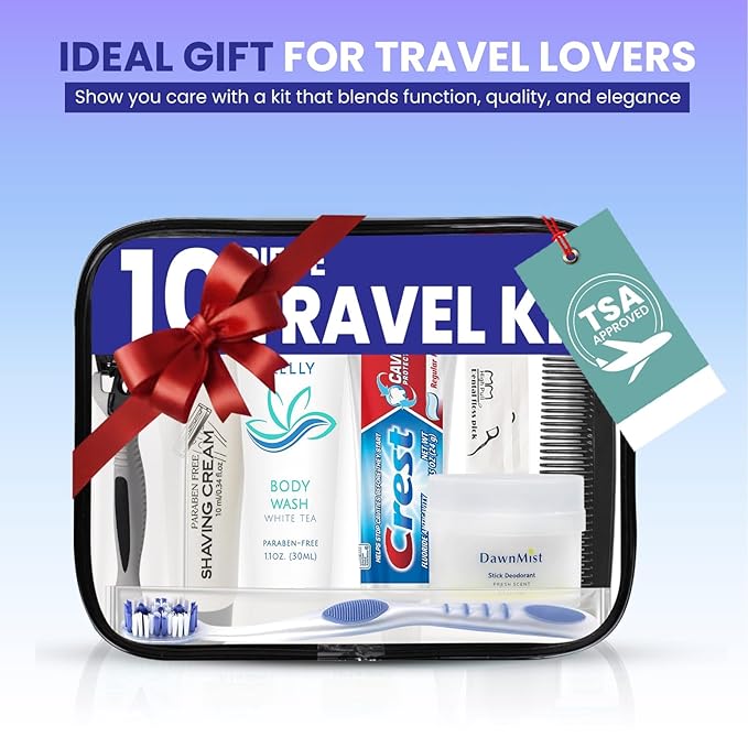 Trektote Travel Toiletry Kit For Men And Women – 10 Piece Set of Travel Size Toiletries, TSA Compliant, Includes Body Wash, Deodorant, Shaving Cream And Razor, Oral Care, Reusable Toiletry Bag & More