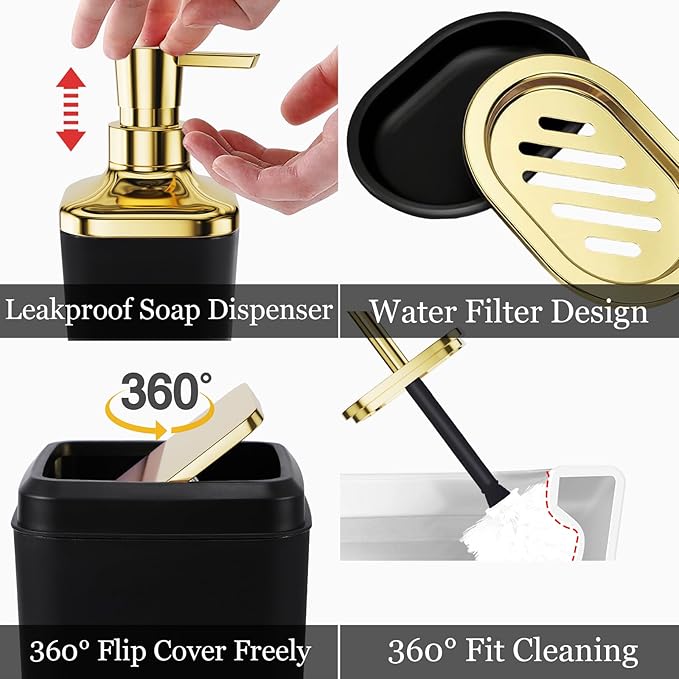Bathroom Set - Black and Gold Bathroom Accessories, Bathroom Sets with Shower Curtain and Rugs, Black Shower Curtain Set with Bathroom Trash Can, Soap Dispenser, Soap Dish for Home Decor