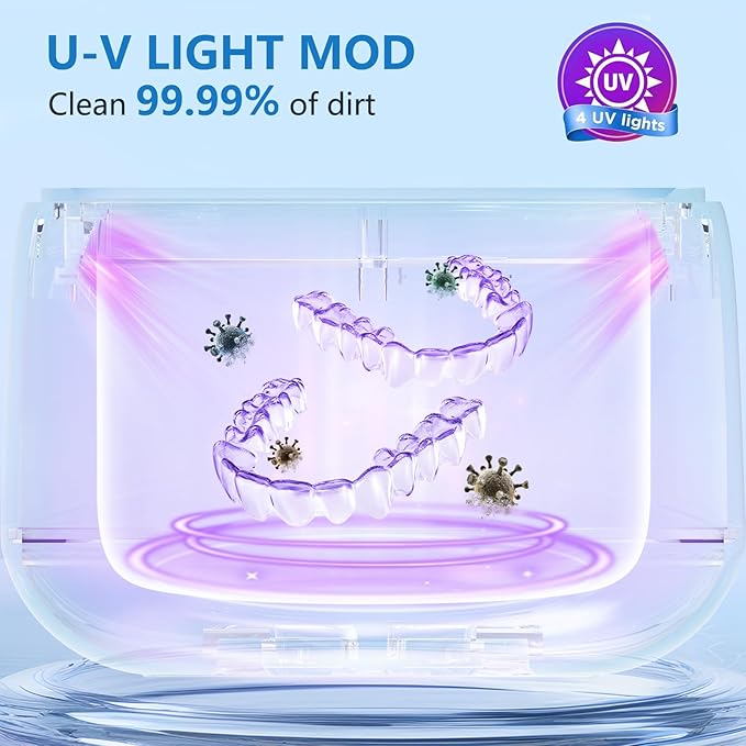 2025 Ultrasonic Retainer Cleaner for Dentures & Aligner, Durable Removable Base and Top Cover, Denture Cleaner Machine with 4 Modes for Mouth Guards, Jewelry, Rings, etc (White)