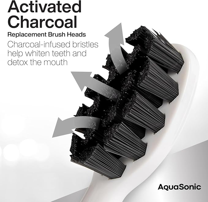 AquaSonic Genuine 2-Pack Activated Charcoal Brush Heads - Ultra Whitening Brush Heads - 2X Whitening & Stain Remover - for Black Series, Black Series Pro, Vibe Series, Duo Pro Series (White)