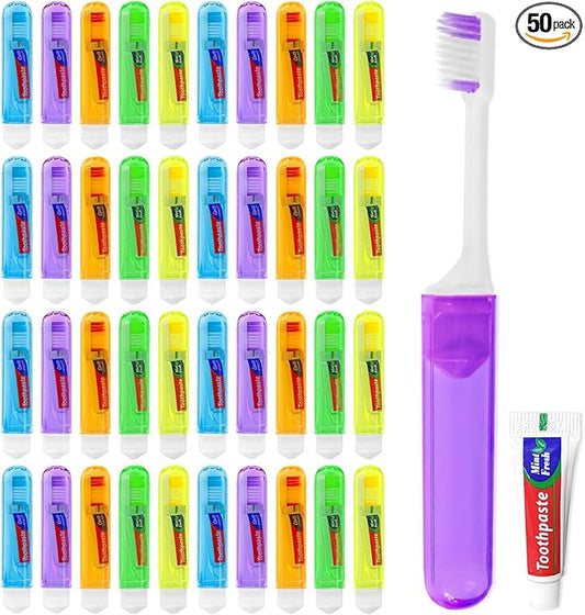 Travel Toothbrush, Toothbrush and Toothpaste Travel Set, Individually Packaged, Includes Storage Case, Foldable Design, 5 Colors, Ideal for Business Trips, and Hotels (50-Pack)