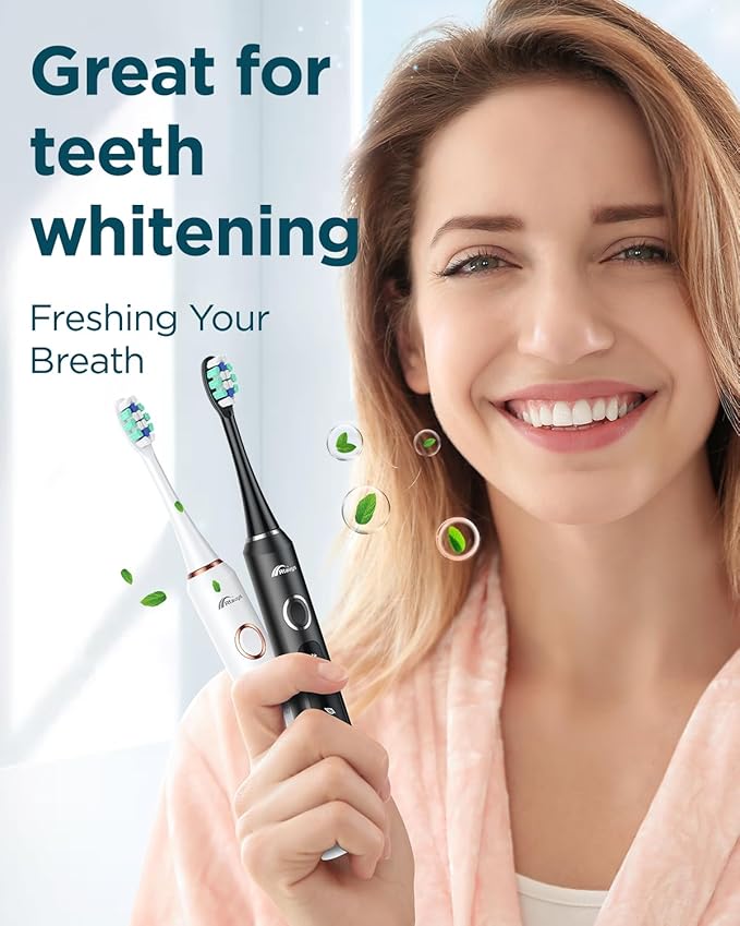 Rtauys 2 Pack Electric Toothbrush for Adults - 2 Rechargeable Electric Toothbrushes with 12 Brush Heads & 2 Travel Cases, Power Electric Toothbrush with Holder, 120 Days Battery Life - Black+White