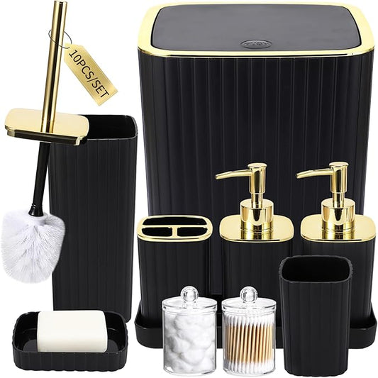 Bathroom Accessories Set - Gorgeous Black Bathroom Set, 10PC Bathroom Accessory Set, Toilet Brush, Trash Can, Qtip Holder Dispenser & Soap Dispenser