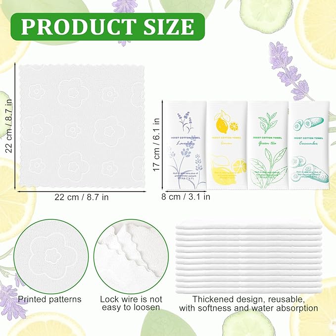 Moist Cotton Towel Bulk Moist Towelettes Individually Wrapped,White Towel Services,Refreshment Pre Moistened Towels for Dentist Travel Sport Party Hotel 240，Lavender,Green tea, Lemon and Cucumber