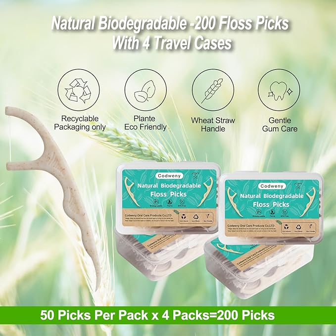 Wheat Straw Biodegradable Dental Floss Picks,200 Counts Natural Handle Tooth Flossers Sticks Oral Care,Keep Clean with 4 Travel Handy Cases