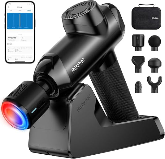 RENPHO Massage Gun Deep Tissue, Percussion Muscle Massage Gun for Athletes, Powerful Portable Electric Handheld Massager Gun with Charging Stand, LED Touch Display (Power+ THERMACOOL Deluxe)