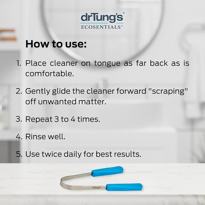 DrTung’s Stainless Tongue Scraper - Tongue Cleaner for Adults, Kids, Helps Freshens Breath, Easy to Use Comfort Grip Handle, Comes with Fabric Travel Pouch - Stainless Steel Tongue Scrapers, (1 Count)