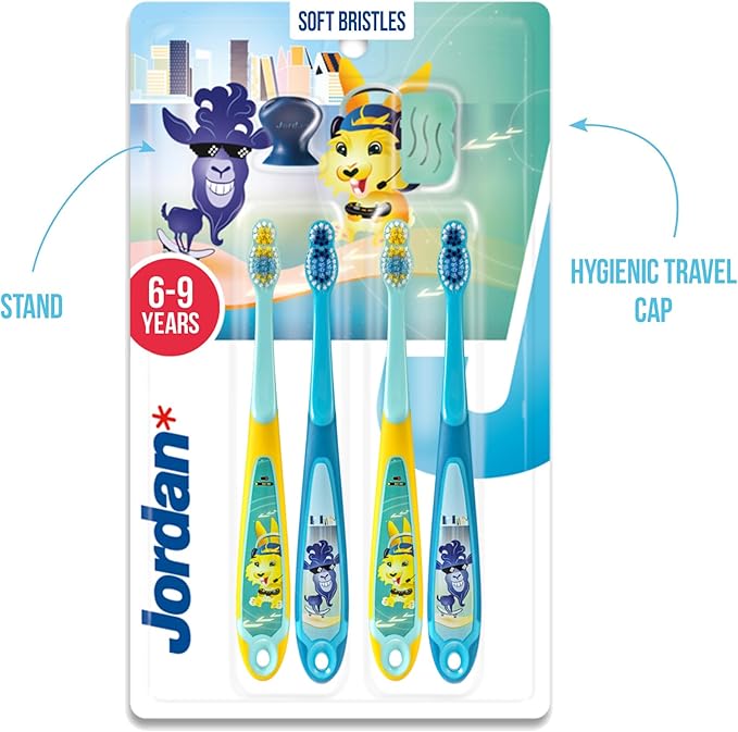 Jordan* Kids Toothbrush | 6-9 Years, Soft Bristles, BPA Free | 4 Pack | Blue & Green Step 3