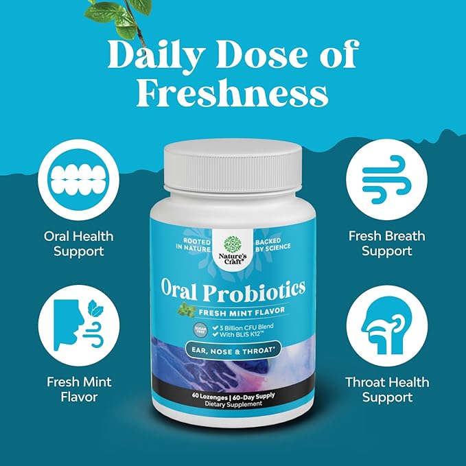 Oral Probiotics for Teeth and Gums - Minty Fresh BLIS K12 Oral Probiotics for Mouth Bad Breath Dry Mouth and Dental Health Support with 3 Billion CFU - Chewable Xylitol Lozenges Mint Flavor (2 Pack)